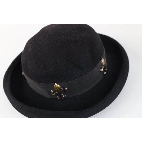 Vintage 90s Express Felt Wool Fleur de Lis Boho Chic Hat Cap Black Womens 23\